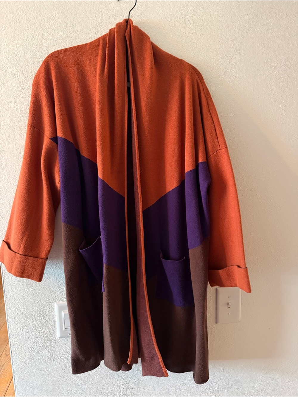 Open Front Colorblock Long Cardigan Sweater - Rust, Purple, Brown